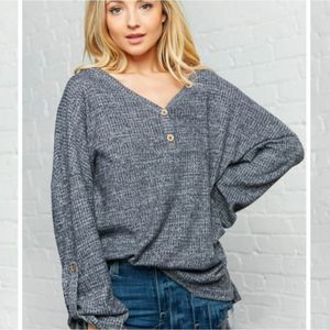 Charcoal Waffle Brushed Button V-Neck Top